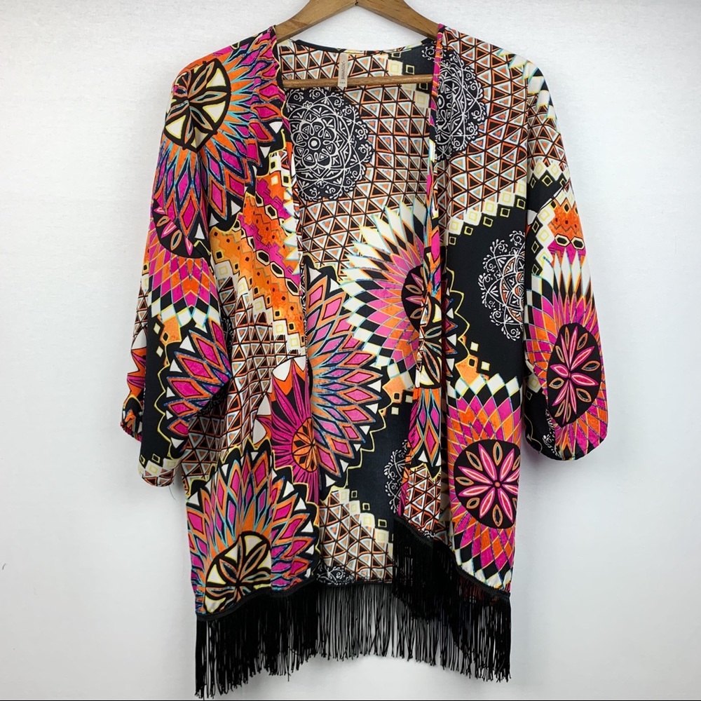 Peppermint Bold Patter Fringed Kimono Cardigan